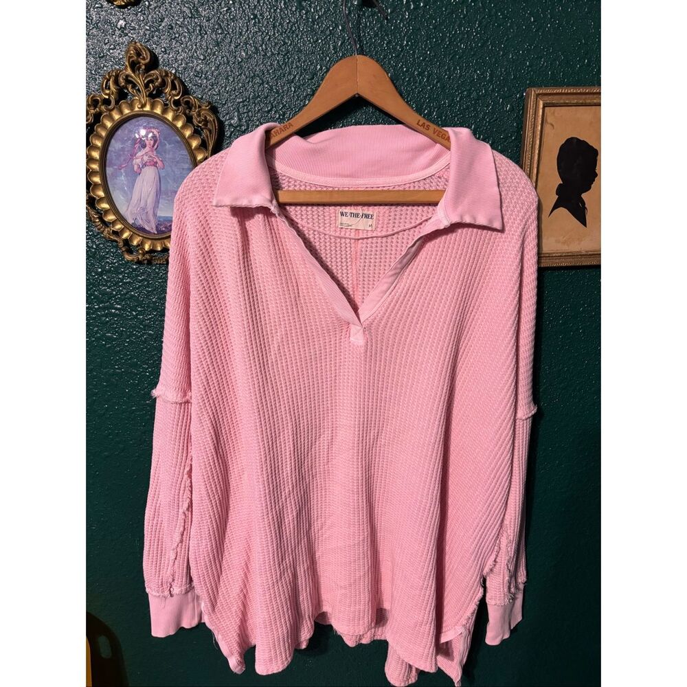 FREE PEOPLE we the free Pink Waffle Weave Collared Travis Polo Medium Sweatshirt